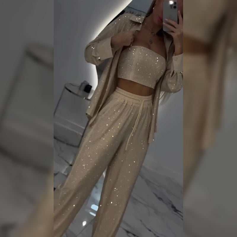 💕2025 HOT SALE💐Sequin blazer and wide trousers for women (3-piece set)