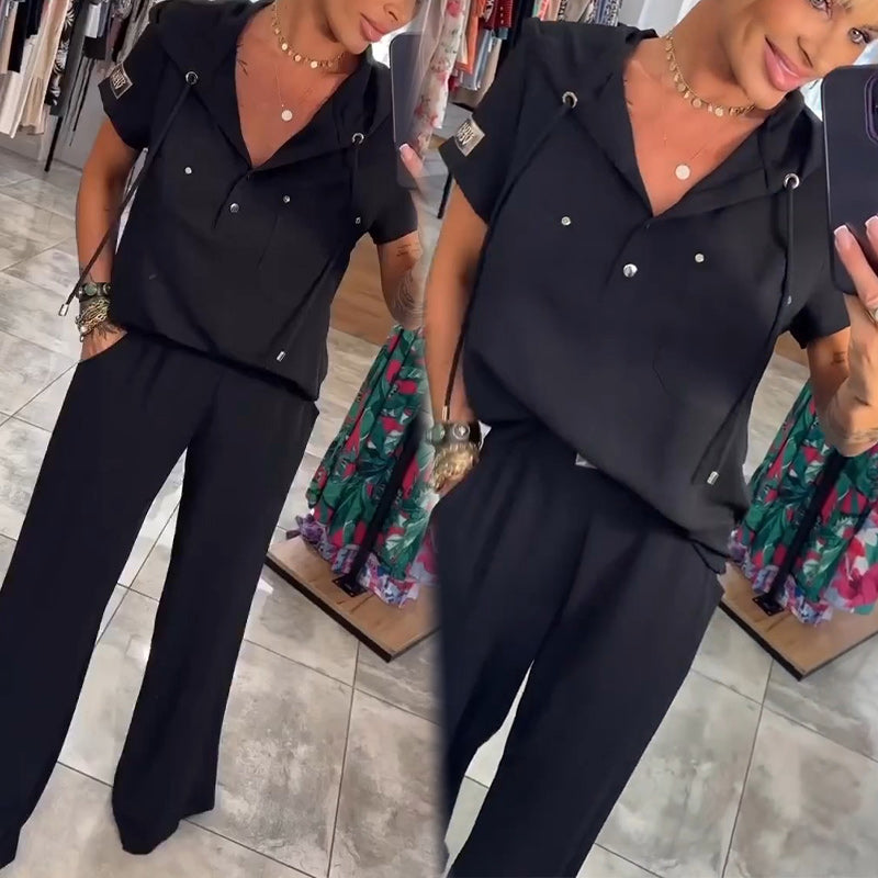 Hooded V-Neck Short-Sleeve Tops & Pants Two-Piece Set