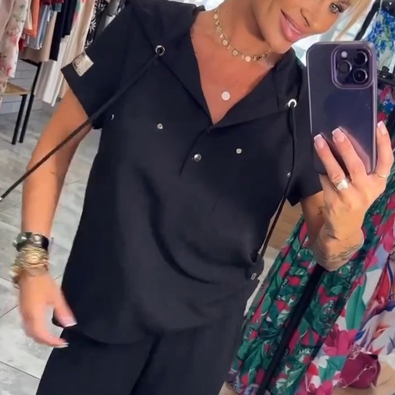 Hooded V-Neck Short-Sleeve Tops & Pants Two-Piece Set