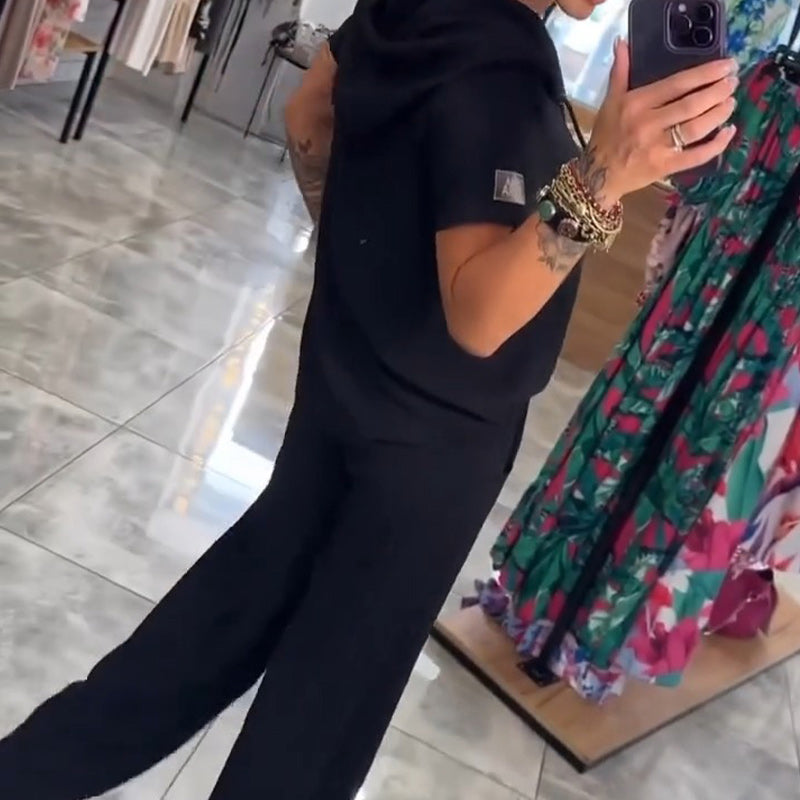 Hooded V-Neck Short-Sleeve Tops & Pants Two-Piece Set