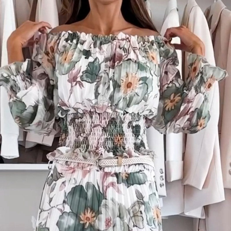 💖Floral Print Off-Shoulder Top &💖 Maxi Skirt Two-Piece Set