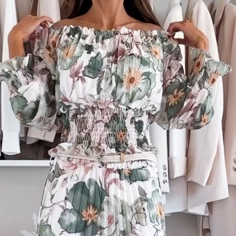 💖Floral Print Off-Shoulder Top &💖 Maxi Skirt Two-Piece Set