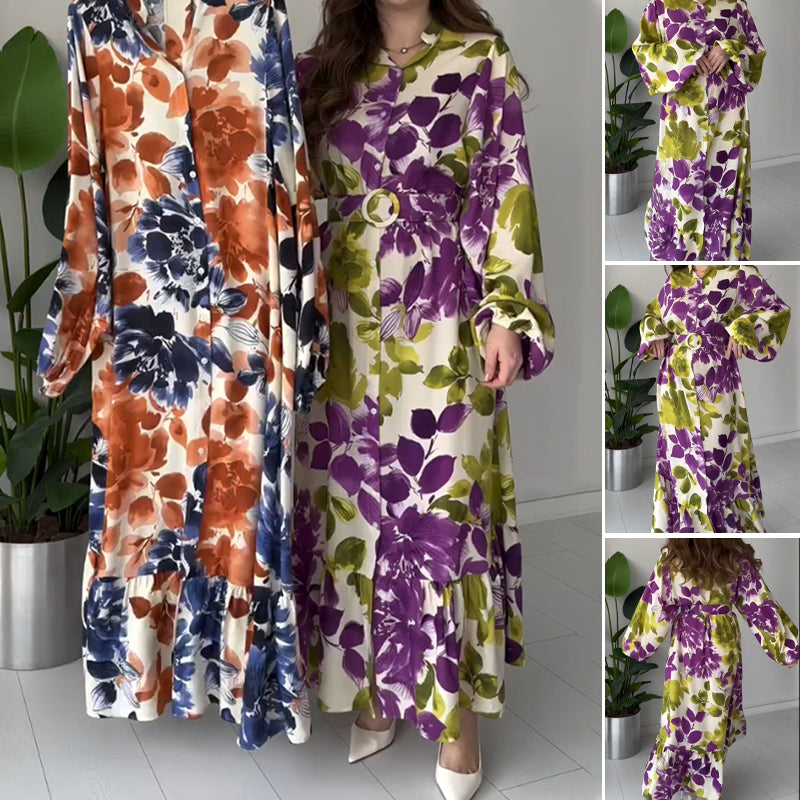 Women's Printed Button Dress with Belt