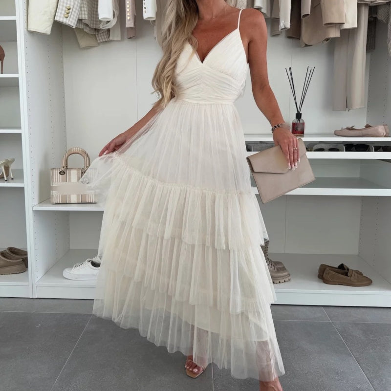 💖Limited Sale 50% OFF💖Women’s Elegant Spaghetti Strap Tiered Tulle Maxi Dress