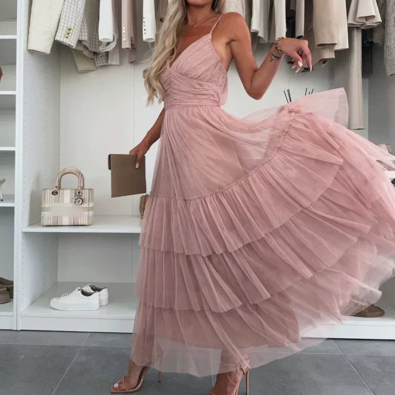 💖Limited Sale 50% OFF💖Women’s Elegant Spaghetti Strap Tiered Tulle Maxi Dress