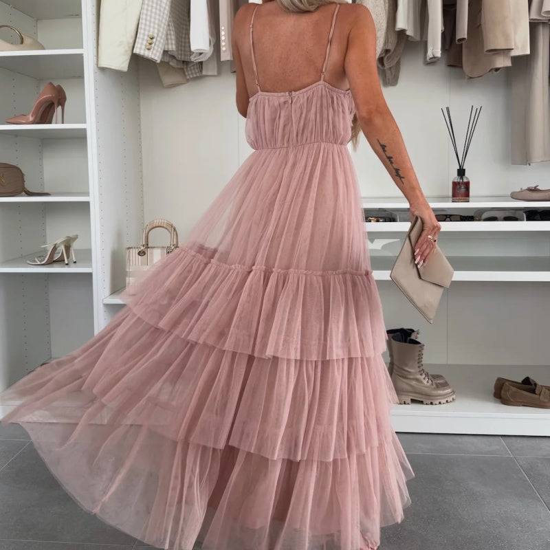 💖Limited Sale 50% OFF💖Women’s Elegant Spaghetti Strap Tiered Tulle Maxi Dress