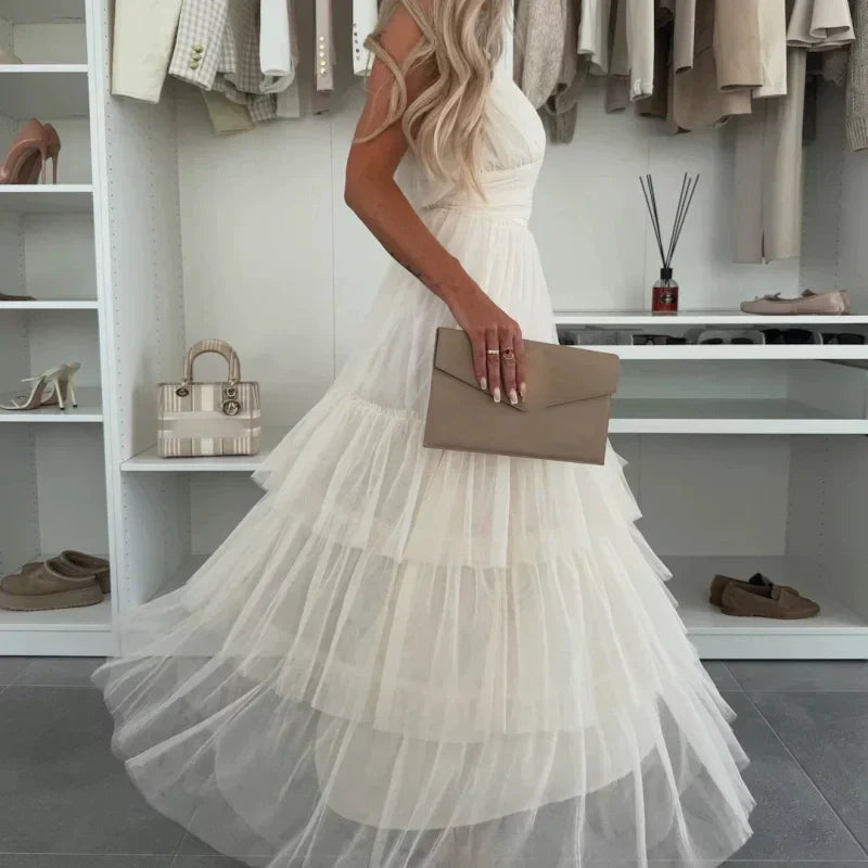 💖Limited Sale 50% OFF💖Women’s Elegant Spaghetti Strap Tiered Tulle Maxi Dress