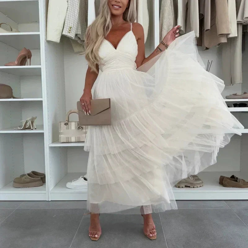 💖Limited Sale 50% OFF💖Women’s Elegant Spaghetti Strap Tiered Tulle Maxi Dress