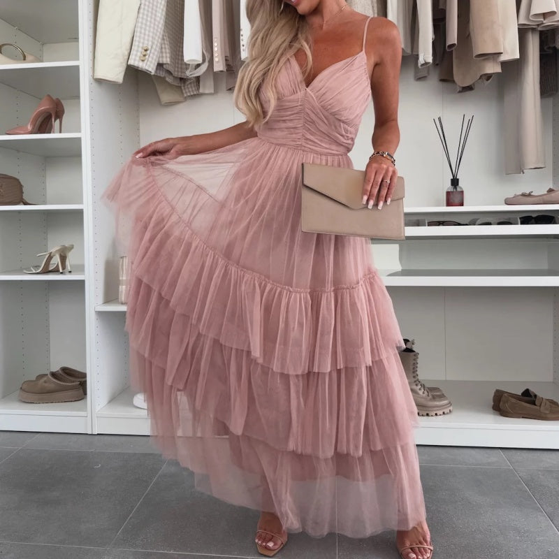 💖Limited Sale 50% OFF💖Women’s Elegant Spaghetti Strap Tiered Tulle Maxi Dress