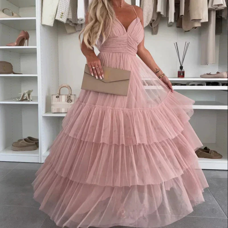 💖Limited Sale 50% OFF💖Women’s Elegant Spaghetti Strap Tiered Tulle Maxi Dress