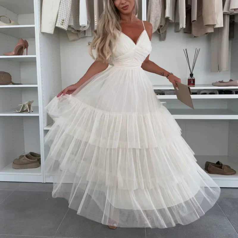 💖Limited Sale 50% OFF💖Women’s Elegant Spaghetti Strap Tiered Tulle Maxi Dress