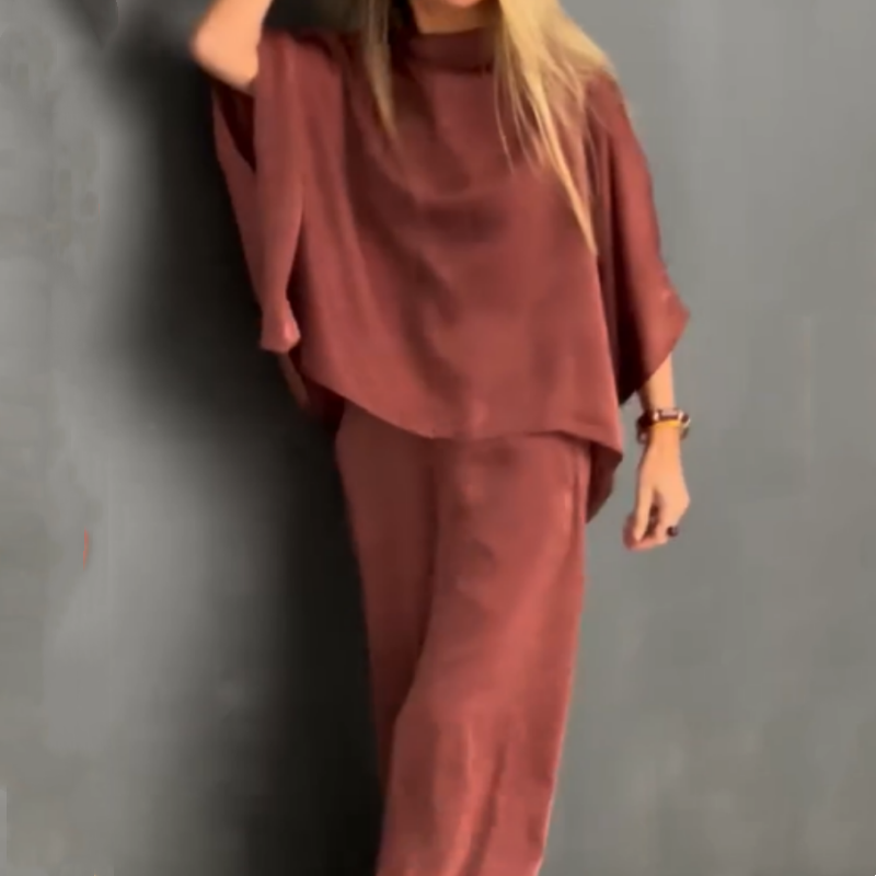Women's Loose Solid Color Bat-Sleeved 2-Piece Set