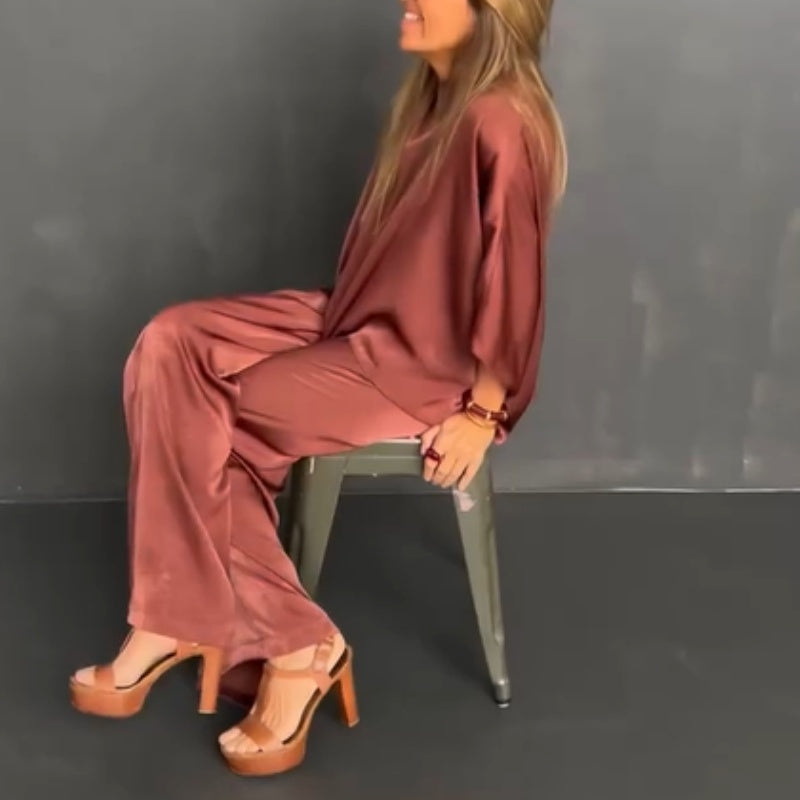 Women's Loose Solid Color Bat-Sleeved 2-Piece Set