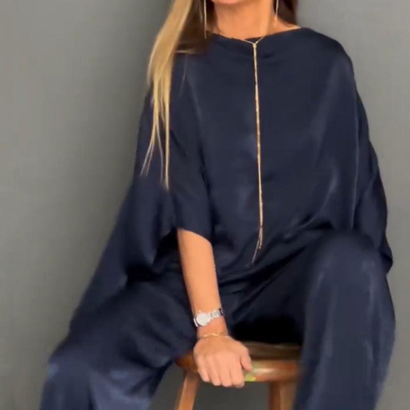 Women's Loose Solid Color Bat-Sleeved 2-Piece Set