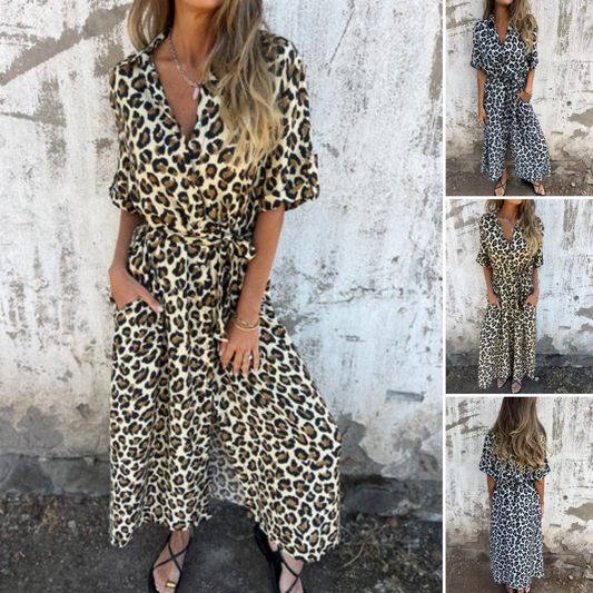 V-Neck Leopard Print Maxi Dress