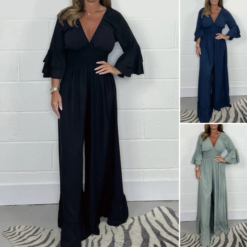 High-Waisted Pleated Deep V-Neck Wide-Leg Jumpsuit