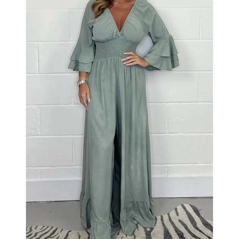 High-Waisted Pleated Deep V-Neck Wide-Leg Jumpsuit