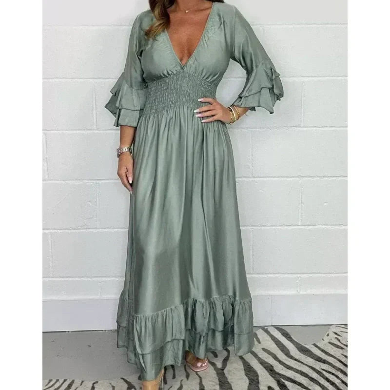High-Waisted Pleated Deep V-Neck Wide-Leg Jumpsuit