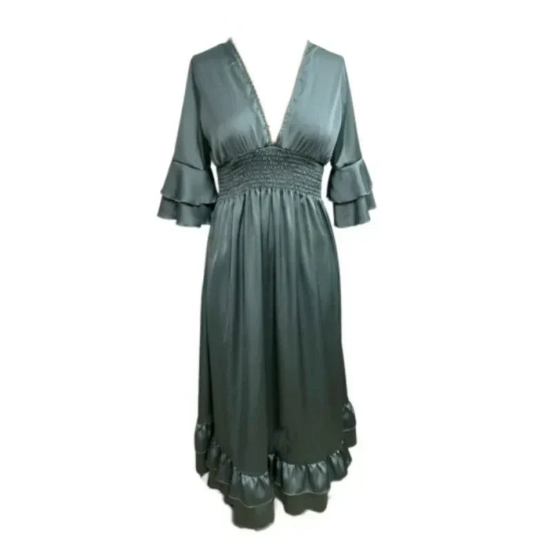 High-Waisted Pleated Deep V-Neck Wide-Leg Jumpsuit