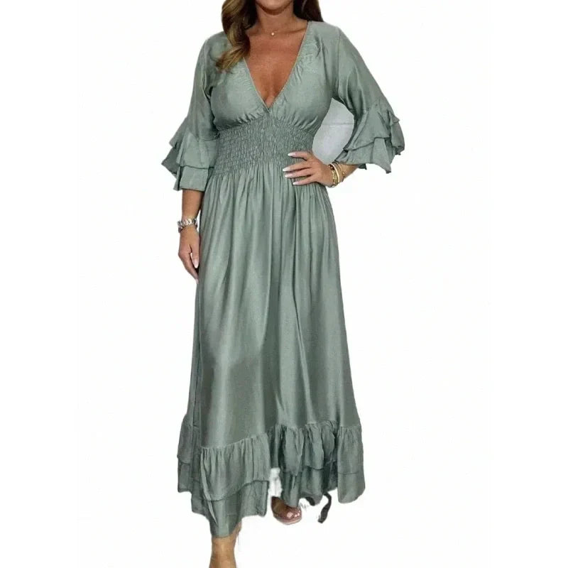 High-Waisted Pleated Deep V-Neck Wide-Leg Jumpsuit