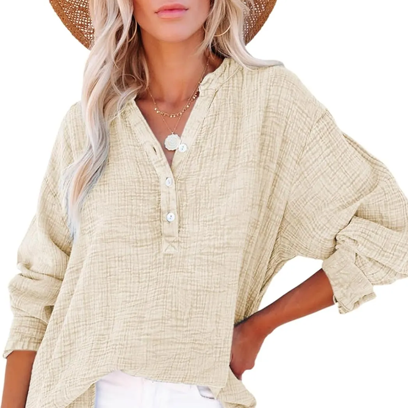 💖Limited Sale 60% OFF💖Women’s Casual Gauze Button Neck Long Sleeve Blouse