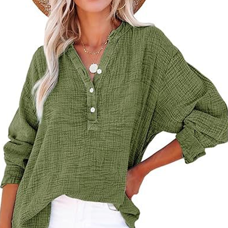 💖Limited Sale 60% OFF💖Women’s Casual Gauze Button Neck Long Sleeve Blouse
