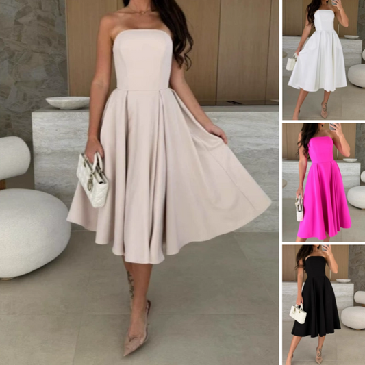 💃🔥Elegant Solid 😍Color Strapless Midi Dress