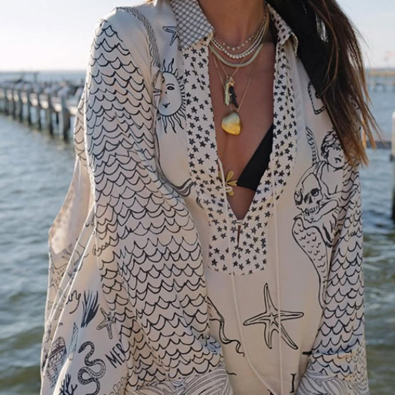 💕2025 HOT SALE 50% OFF👚Satin Unique Letter Print Tassle Shirt and Elastic Waist Shorts Set