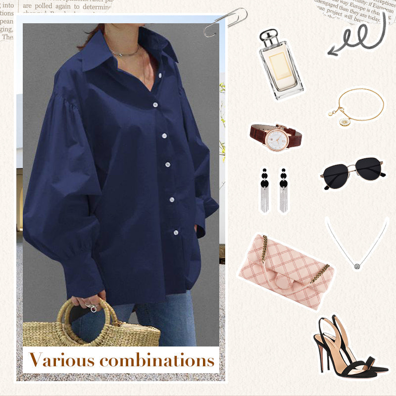 Women's Casual Solid Color Lantern Sleeve Lapel Shirt