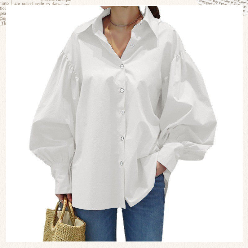 Women's Casual Solid Color Lantern Sleeve Lapel Shirt