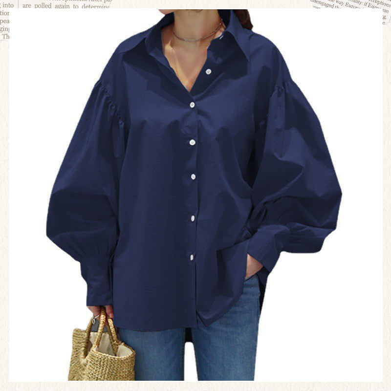 Women's Casual Solid Color Lantern Sleeve Lapel Shirt