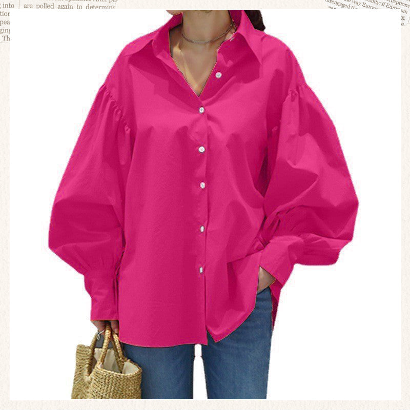 Women's Casual Solid Color Lantern Sleeve Lapel Shirt