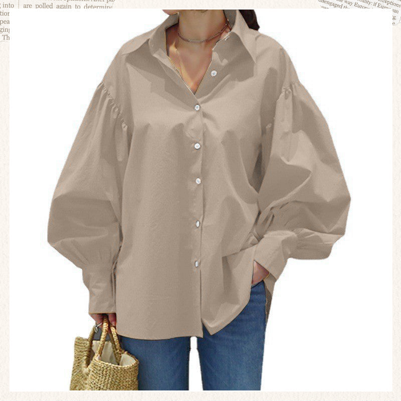Women's Casual Solid Color Lantern Sleeve Lapel Shirt