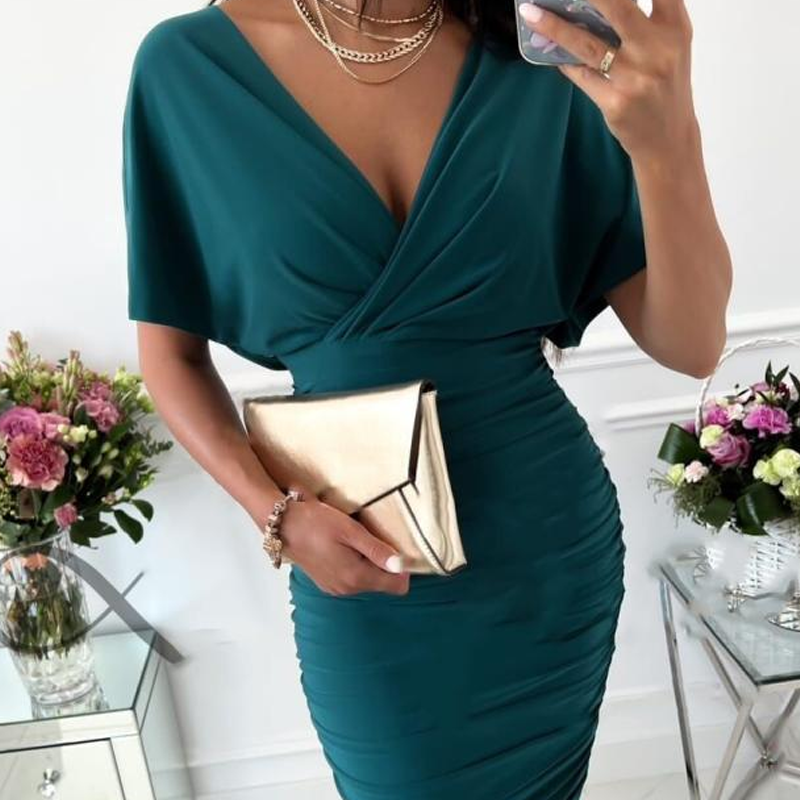 Women's Sexy Ruched V-Neck Bodycon Dress