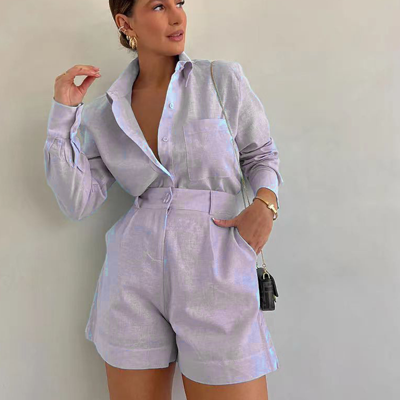 Women's Elegant Long Sleeve Shirt & Shorts Two-Piece Set