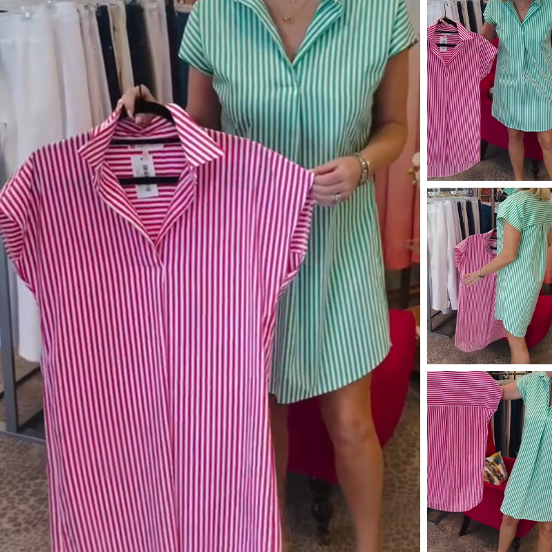 Women’s V-Neck Shirt Mini Dress with Stripe Print