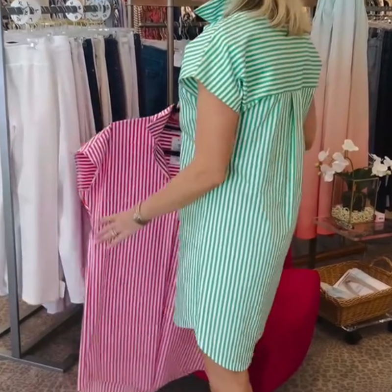 Women’s V-Neck Shirt Mini Dress with Stripe Print