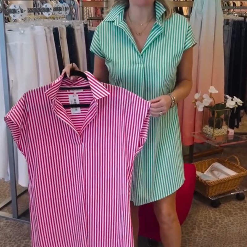 Women’s V-Neck Shirt Mini Dress with Stripe Print