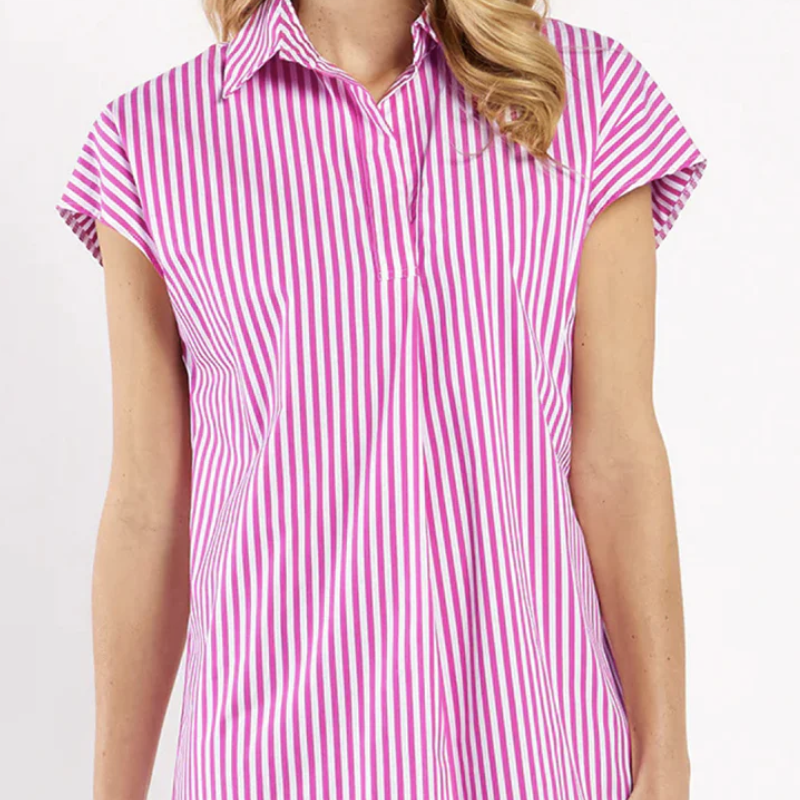 Women’s V-Neck Shirt Mini Dress with Stripe Print