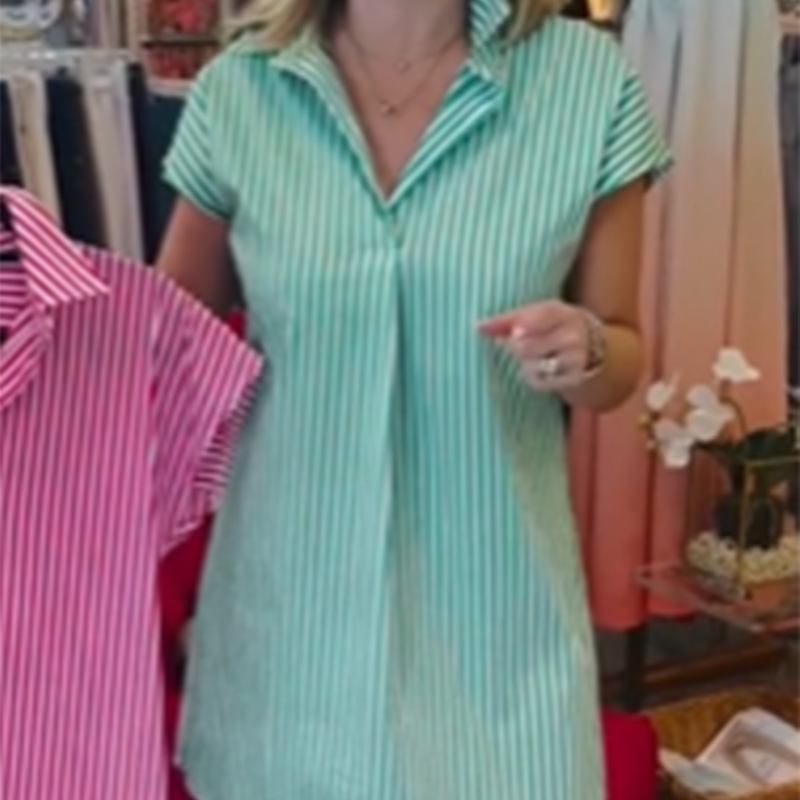 Women’s V-Neck Shirt Mini Dress with Stripe Print