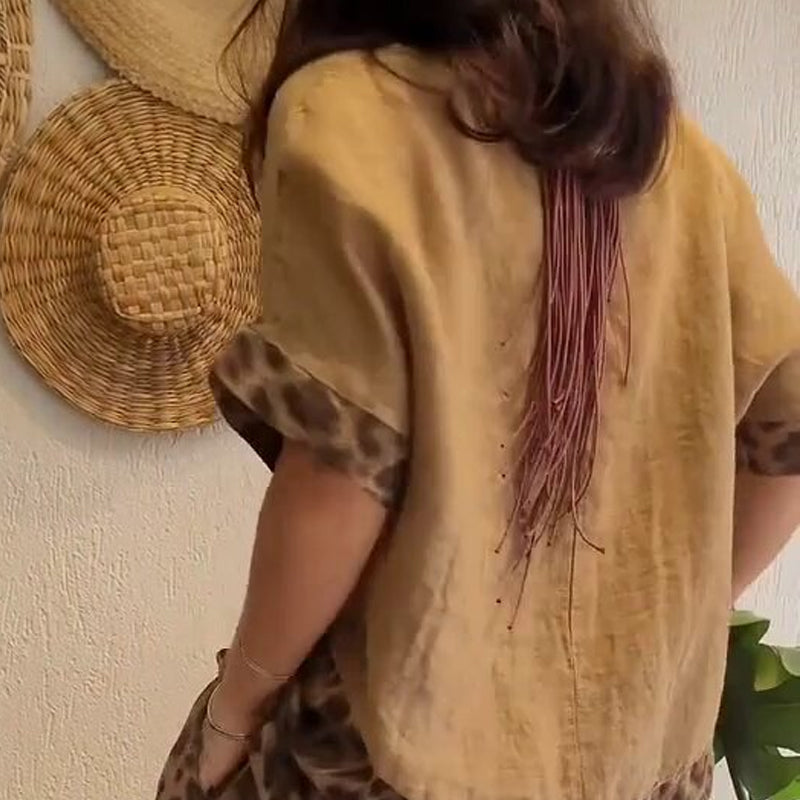 🎨Stylish Patchwork Short Sleeve Top & Wide Leg Pants Two Piece Set👯