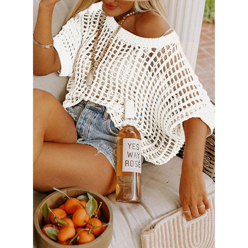 💥This Week's Special Price 💥Womens Summer Scoop Neck ShortSleeve Sweater Casual Crochet Hollow Out KnitTops