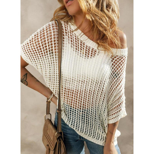 ☀️ Weekly Special ☀️ Women's Casual Hollow-Out Knit Top - Scoop Neck, Short Sleeves & Crochet Detailing | Ideal for Warm Days, Effortless Style & All-Day Comfort