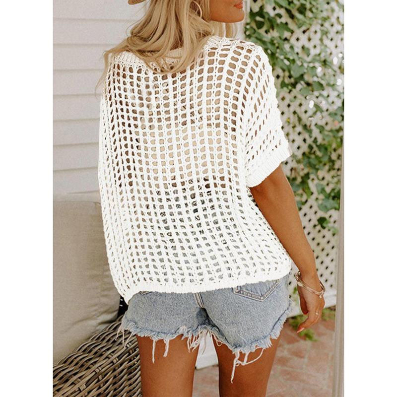 💥This Week's Special Price 💥Womens Summer Scoop Neck ShortSleeve Sweater Casual Crochet Hollow Out KnitTops