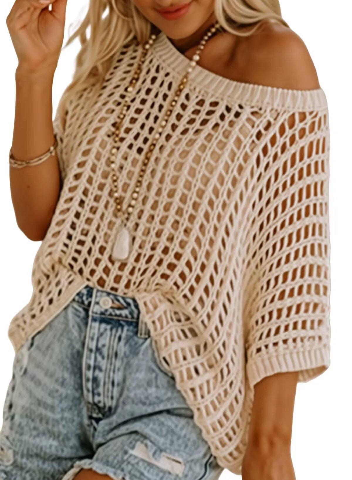 💥This Week's Special Price 💥Womens Summer Scoop Neck ShortSleeve Sweater Casual Crochet Hollow Out KnitTops
