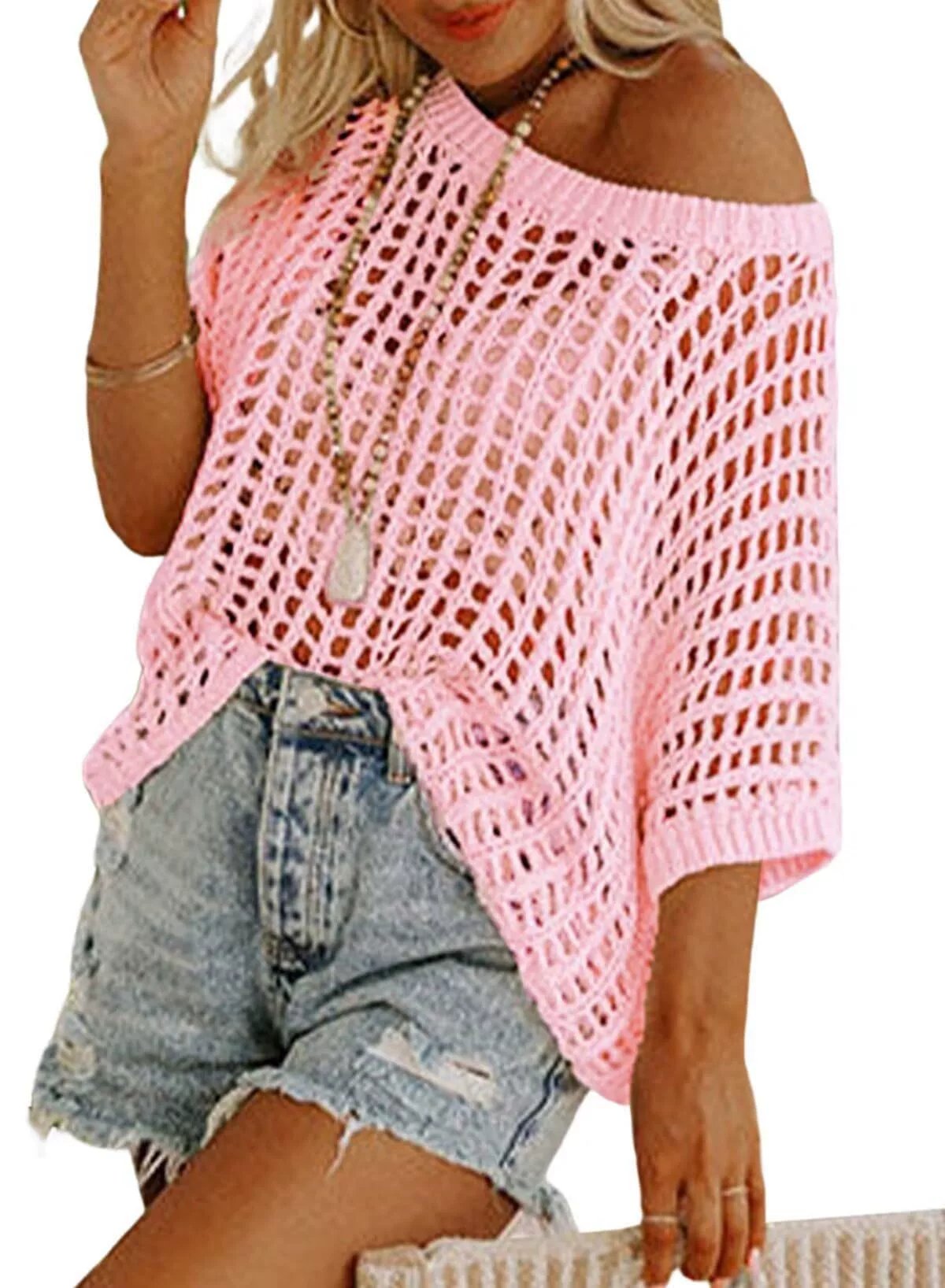 💥This Week's Special Price 💥Womens Summer Scoop Neck ShortSleeve Sweater Casual Crochet Hollow Out KnitTops