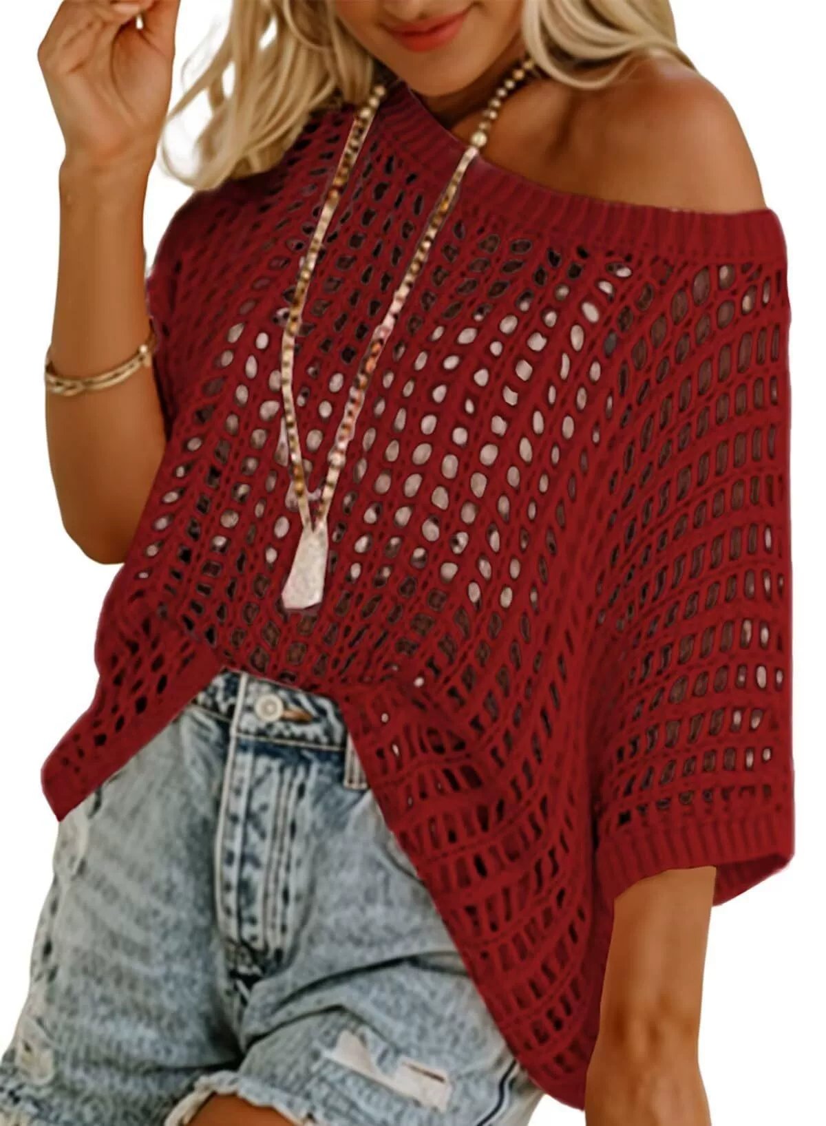 💥This Week's Special Price 💥Womens Summer Scoop Neck ShortSleeve Sweater Casual Crochet Hollow Out KnitTops