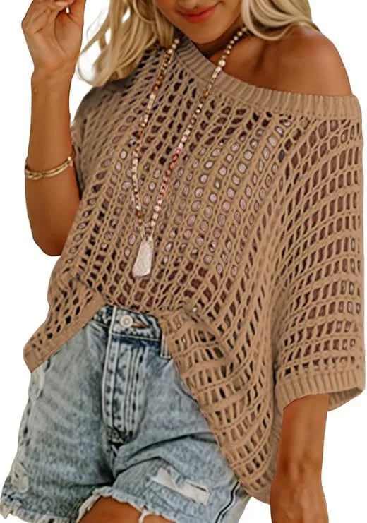 💥This Week's Special Price 💥Womens Summer Scoop Neck ShortSleeve Sweater Casual Crochet Hollow Out KnitTops