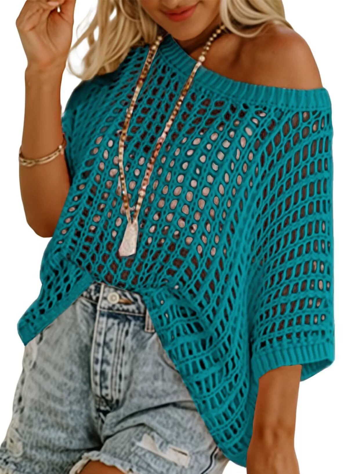 💥This Week's Special Price 💥Womens Summer Scoop Neck ShortSleeve Sweater Casual Crochet Hollow Out KnitTops