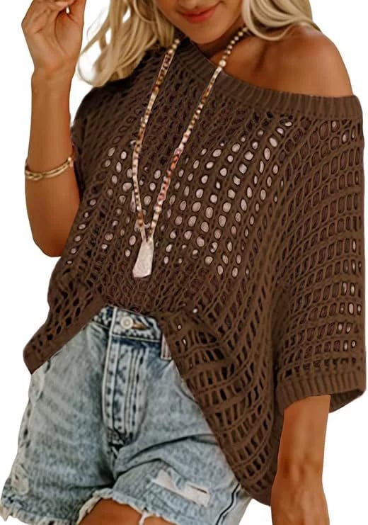 💥This Week's Special Price 💥Womens Summer Scoop Neck ShortSleeve Sweater Casual Crochet Hollow Out KnitTops